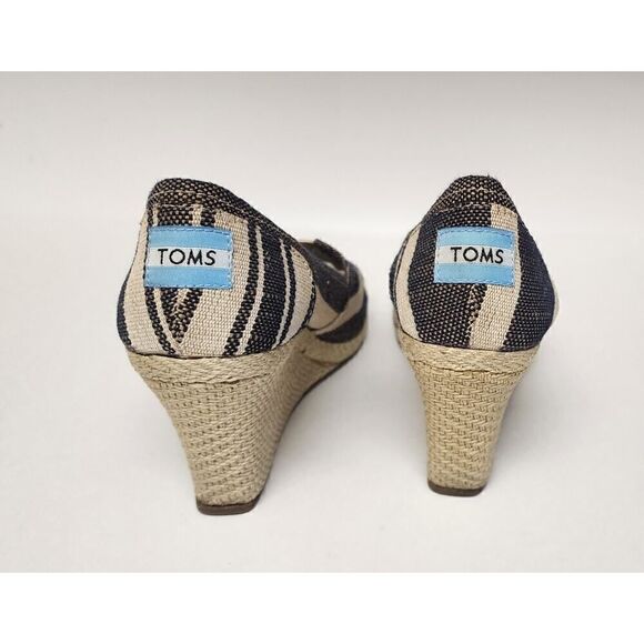 TOMS Women Peep Toe Wedge Espadrilles Blue White Stripe Canvas Shoes Size 7.5W - Picture 5 of 9